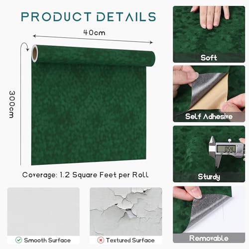 VEELIKE Self-Adhesive Wallpaper Vintage Green Velvet Texture Wallpaper Dark Green Fabric Adhesive Foil Velvet and Felt Foil for Furniture Bedroom Jewelry Boxes Drawers 40cm × 300cm