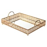 Giovanni Gold Mirror Top Serving Tray, Rectangular Metal Ornate Antique Accent Vanity Food Decorative Display Platter Dessert Cupcake Holder Food Snacks Wine Butler