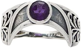 Braja Half Moon Amethyst Healing Crystal Stone Ring Sterling Silver