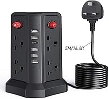 Surge Protected Extension Lead 5 USB Ports 8 Way Outlets Tower Extension Lead with 5M/16.4ft Bold Extension Cable 2500W...