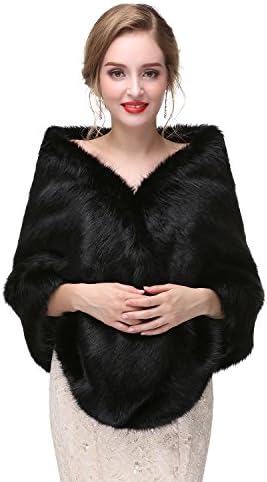 LMBRIDAL Women's Winter Bridal Wraps Fox Fur Shawl Wedding Bolero Formal Black