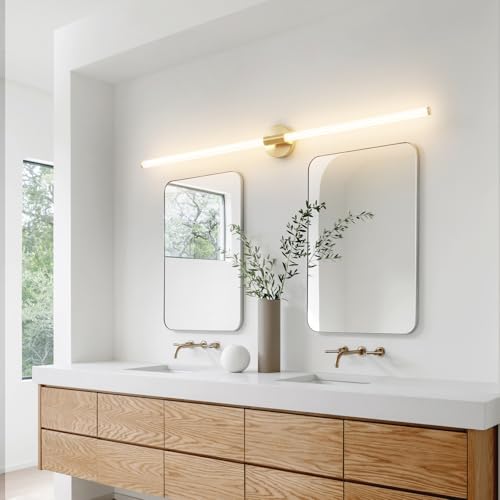 Luces de tocador de baño doradas de 47 pulgadas de largo, accesorios de iluminación para baño sobre espejo, con cableado fijo, LED regulable, iluminación completa de 360°, barra de luz de tocador