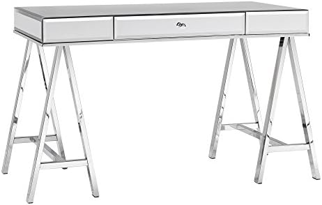 Modern 1 Drawer Mirrored Writing Computer Desk with Chrome Sawhorse Legs - Includes Modhaus Living Pen