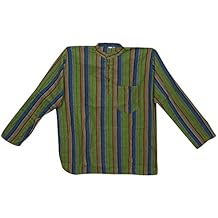 Mogul Interior Men’s Shirt Kurta Green Striped Cotton Ethnic Short Tunic XXL