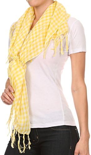 AN Fashion Small Checkered Plaid Large Square Scarf with Frills - Yellow
