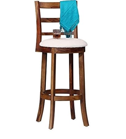 Shagun Arts Sheesham Wood Round Bar Chair for Home | Long Wooden Chair | Bar Chair High | with White Cushion | Honey Brown Finish