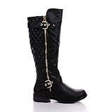 Forever Mango21 Black Knee High Quilted Buckle Riding Moto Boots-6.5