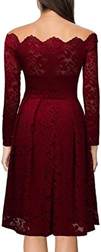 MRstriver Women's Vintage Floral Lace Long Sleeve Boat Neck Cocktail Formal Swing Dress C-redLarge