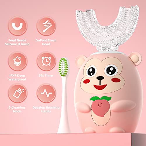 ELOTAME Kids U Shaped Electric Toothbrush with 4 Brush Head,Cartoon Monkey Auto Sonic Toothbrush for Children Age 8-15, 360° Full Mouth Cleaning Animal Toddler Automatic Toothbrushes with Travel Cup