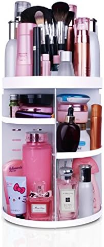 MOFIR Makeup Organizer 360 Degree Rotating, Adjustable Multi-Function Cosmetics Storage Box, Small Size Extra Large Capacity, Fits Different Sizes of Cosmetics (Circle with Grid Top, White)
