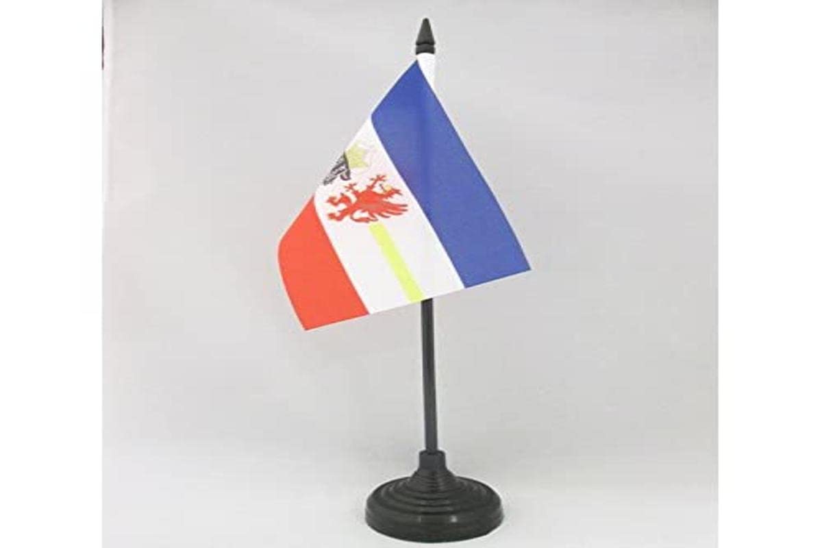 AZ FLAG - Mecklenburg Table Flag 4'' x 6'' - German region of Mecklenburg Office Mini Banner 100% Polyester 15 x 10 cm - Mini Desk Flag with 10'' Pole and Black Plastic Base