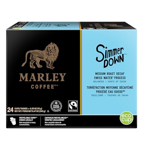 MARLEY COFFEE SIMMER DOWN DECAF, SWISS WATER PROCESS, MEDIUM ROAST COFFEE, KEURIG K-CUP BREWER COMPATIBLE PODS, 24 COUNT