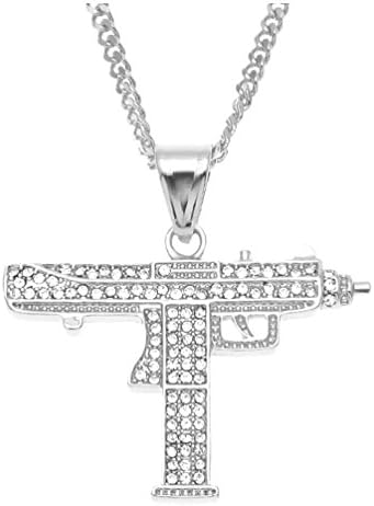 Censtusllery Men Hip Hop Punk Alloy Pistol Pendant Crystal Chain Necklace(White)