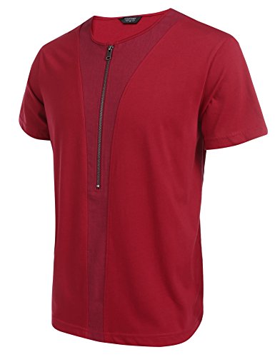 COOFANDY Men\'s Slim Fit Hippie Shirt Short Sleeve Casual Zip Up Cotton Linen Beach Wedding Henley T Shirt Red
