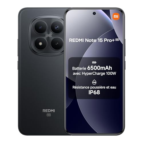 Redmi Note 15 Pro+ 5G, Smartphone 8+256 Go, Batterie Massive de 6500 mAh, IP66/IP68, Nouvel Appareil Photo 200 MP, écran AMOLED 1.5K de 6,83 Pouces, Noir, Garantie 2 Ans, Chargeur Non Inclus