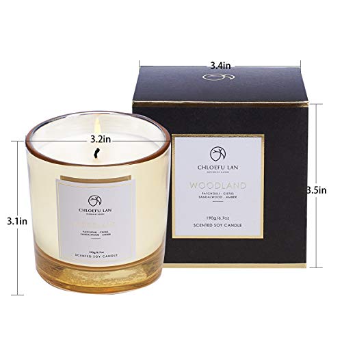 Scented Candle Patchouli & Sandalwood & Musk Soy Wax Long Burning (40 hours) Strong Fragrance Aromatherapy Candles for Home Decorative, Stress Relief and Best Gifts with Golden Glass (Woodland)
