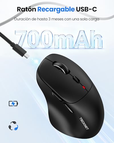 TECKNET Ratón Bluetooth, Raton Inalambrico Recargable(Tri-Mode: BT 5.0/3.0 + 2.4G), Silencioso Raton Ergonómico con 4800 dpi Ajustable para Portátiles, Mac OS, Android, Windows