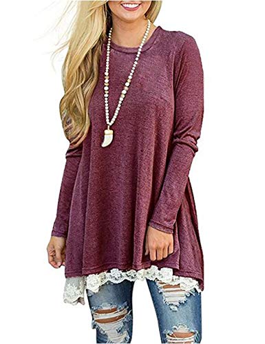 Women Lace Long Sleeve Tunic Top Blouse Loose Casual Pullover Fall Clothes Red S