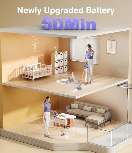 Cordless Vacuum Cleaner, 400W 38Kpa Powerful Stick Vacuum Cleaner, Up to 50Mins Rechargeable Battery, Vacuum Cleaners for Home Anti-Tangled Lightweight Handheld for Hardwood Floor, Carpets, Pet Hair