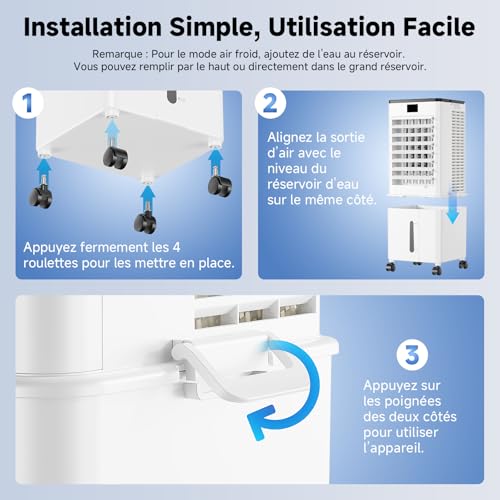 Upgraded 10L Silent Mobile Air Conditioner, 4-in-1 Air Cooler, Remote Control, 12H Timer, 3 Speed, Oscillation, Portable Air Conditioner for Camping Bedroom Kitchen (Elegant White)