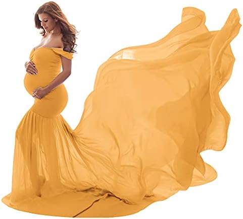 gold mermaid maternity dress Maternity Off Shoulder Cap Sleeves Mermaid Hem Satin Evening Dress Apricot / S