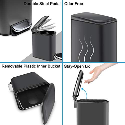 H+LUX Rectangular Bathroom Trash Can with Lid Soft Close, Small Trash Can with Removable Inner Wastebasket, Anti-Fingerprint Matt Finish, 5L/1.3Gal, Gray