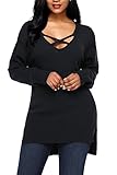 AlvaQ Women Criss Cross V Neck Side Slits High Low Knit Sweater Tops