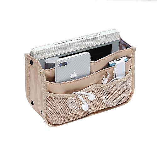 iN. Multi-Pocket Handbag Organizer Insert for Tote Bag Purse Liner Insert Small Women's Handbag Organization Medium Fashionable and Practicable Folding Nylon Mesh Large Travel Pocketbook Liners Khaki