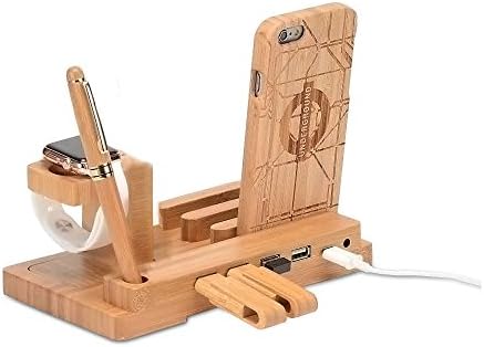 Bamboo wooden 3 in 1 iphone ipad watch charger holder USB 4 port micro HUB charger platform holder. (With USB port)