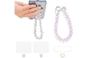 CASECOND 2 pcs Phone Wrist Strap Crystal Phone Charm Chain Keychain Beaded Cellphone Lanyard Detachable with 3 Tether Tab Hands-Free Wristlet Bracelet Wrist Grip for Women Girls Universal for iPhone White Pink