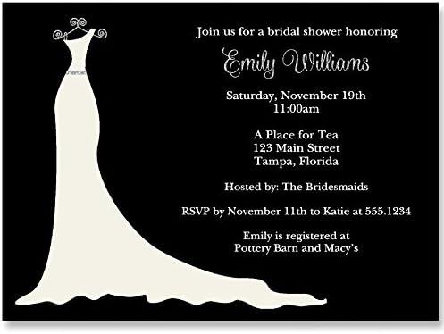 Bridal Shower Invitations, Wedding Shower Invites, Sparkle, Glitter, Silver, Black, Dress, Gown, Personalized, Customized, Set of 10 Custom Printed Invites with Envelopes, Simple Gown