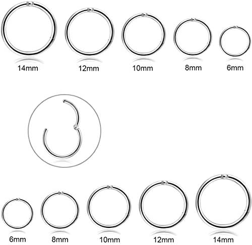 CARSHIER 5Pairs 6-14mm Stainless Steel 16g Cartilage Hoop Earrings for Men Women Nose Ring Helix Septum Couch Daith Lip Tragus Piercing Jewelry Set 10S