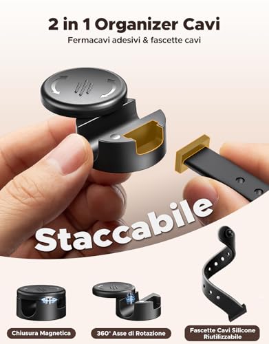 8 Pezzi Fermacavi Adesivi con Fascette Cavi Silicone Regolabili [2 in 1], [Regolazione Fluida & Blocco 1s] Magnetico Organizer Cavi, Organizzatore Cavi Clip per TV, PC, Scrivania, Casa, Ufficio