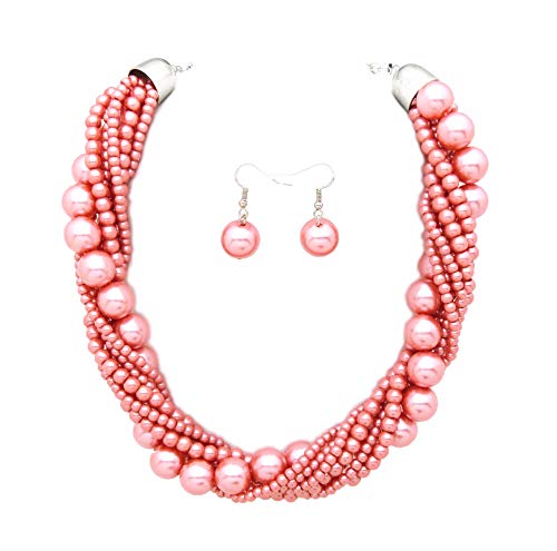 Fashion 21 Women's Twisted Multi-Strand Simulated Pearl, Acrylic Ball Statement Necklace and Earrings Set (Papaya)