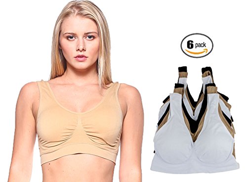 Barbra's 6 Pack Regular Size Non-Racerback Wireless Yoga Bras (Small to Large)
