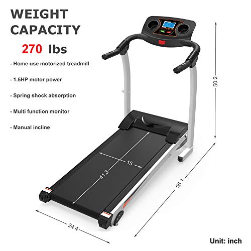 Julyfox Home Folding Treadmill with Incline, Quiet White 270lb Heavy Duty Motorized Electric Treadmill Running Walking Jogging Machine W/Hand Pulse Sensor Cup Holder Safety Key Home Exercise Machine
