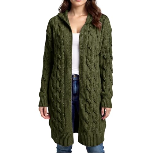 Casual Mid-Length Cardigan Jacket for Womens UK Elegant Simple Solid Color Cable Hooded Knitted Sweater Coat Layering Piece for UK Weather Army Green S