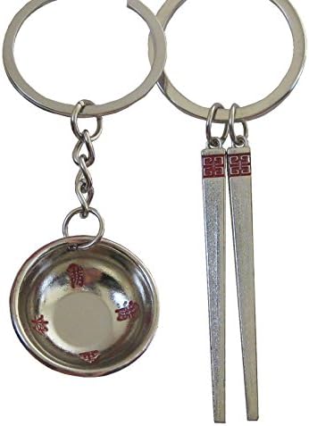 Bowl &amp; Chopsticks Traditional Chinese Wedding Couple Keychain - His and Hers Set