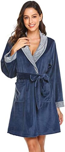 Langle Plush Fleece Bathrobe Women's Shawl Collar Spa Robe Long Sleeve Sleepwear S-XXL