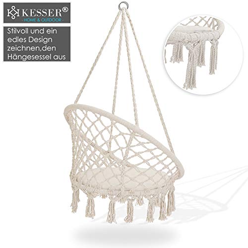 KESSER® Hängesessel 150kg mit 2 Stahlringe Sitzpolster geflochten Fransen Hängestuhl Hängekorb Schaukelkorb Garten Indoor wetterfest, wasserabweisend, Beige – Bild 5