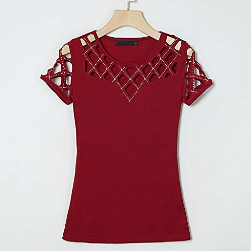 Farmerl Womens Tee O-Neck Short Sleeve Hollow Out Bling Nail Beading Casual Tops Wine - Thumbnail 3