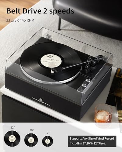 ANGELS HORN Bluetooth Turntable - 2 Speed Hi-Fi Turntable with Built-in Speakers - Includes Phono Preamp & AT-3600L Magnetic Cell - Classic Edition Black