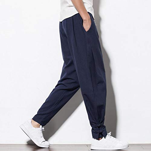 Willsa Men's Pants Men Chinese Harem Elastic Waist Solid Cotton Loose Baggy Trousers Plus GY/3XL - Thumbnail 3