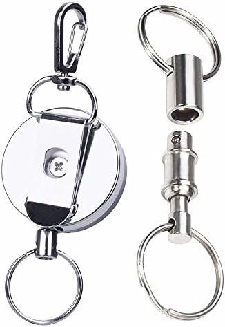 Metal Retractable Key Reels Badge Holder Keychains with Stainless Cable Cord Carabiner Clip + Detachable Pull Apart Key Rings, for Keys/ID Badge/Nurse/Pass Card (Silver)