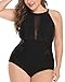 Daci Black Plus Size One Piece Swimsuits for Women High Neck Plunge Mesh Cut Out Bathing Suits 18 Plus