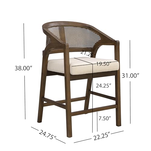 Merax Rattan Counter Height Bar Stools Set of 2, Wooden Frame Bar Chairs with Natural Rattan Woven Back, Modern Kitchen Island Chairs, Footrest for Kitchen, Dining Room, Beige/Walnut