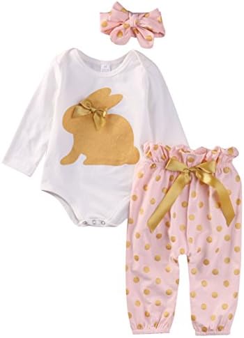 3Pcs Infant Newborn Baby Girls Rabbit Romper Tops+Pants+Headbad Clothes Outfit Sets (6-9 Month, Pink)