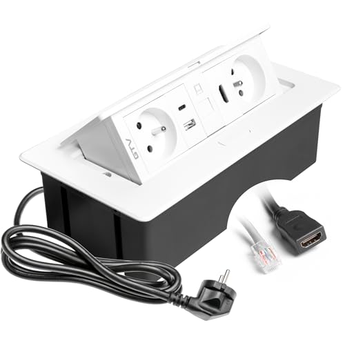 GTV - MULTISOFT Recessed Desk Socket Power Module with 2x French Power Sockets (Type E), USB-A + USB-C, RJ45, HDMI 2.0, White In-Desk Power Box with Hinged Cover, 1.5 m Cable