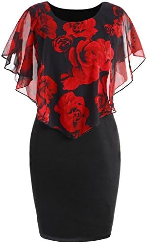 FORUU Dresses for Women Plus Size Casual Rose Print Chiffon O-Neck Ruffles Mini