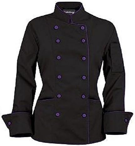Long Sleeves Women's Ladies Chef's Coat Black with contrast button Jacket (S (For Bust 35-36), Black with Purple Button)
